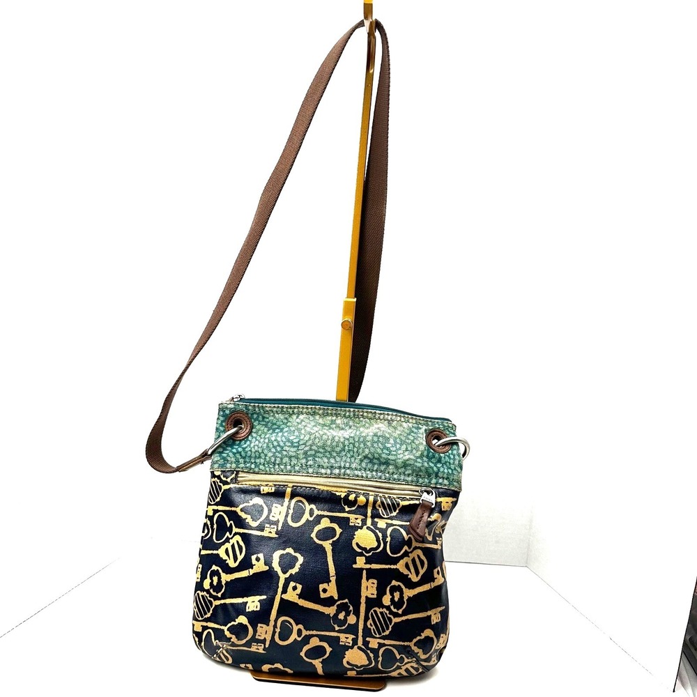 Fossil Key-Per Crossbody Bag Navy Gold Skeleton Key Print Small Purse